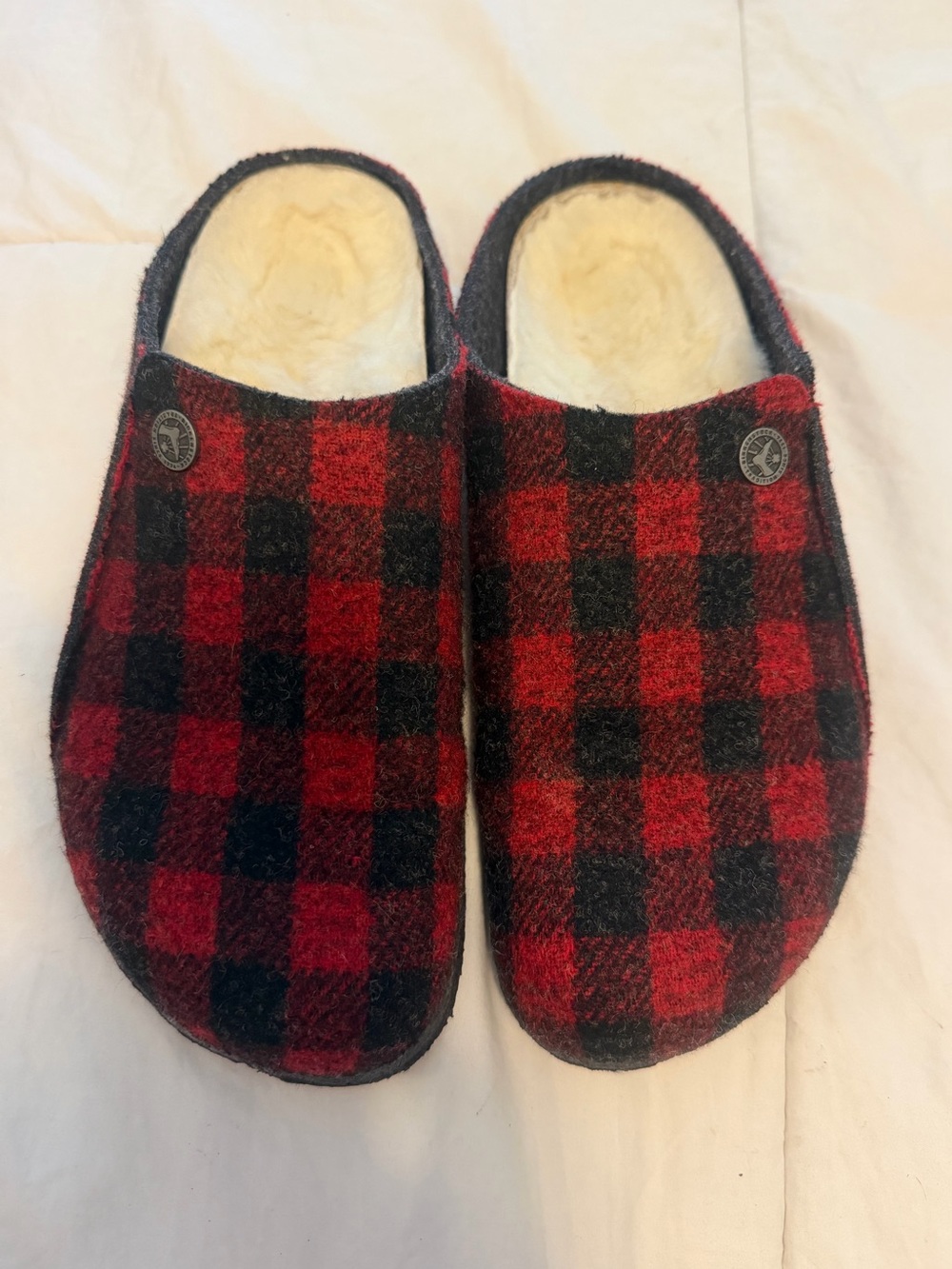 Birkenstock Red and Black Plaid Slip-On Slippers sz 38/ 7/7.5